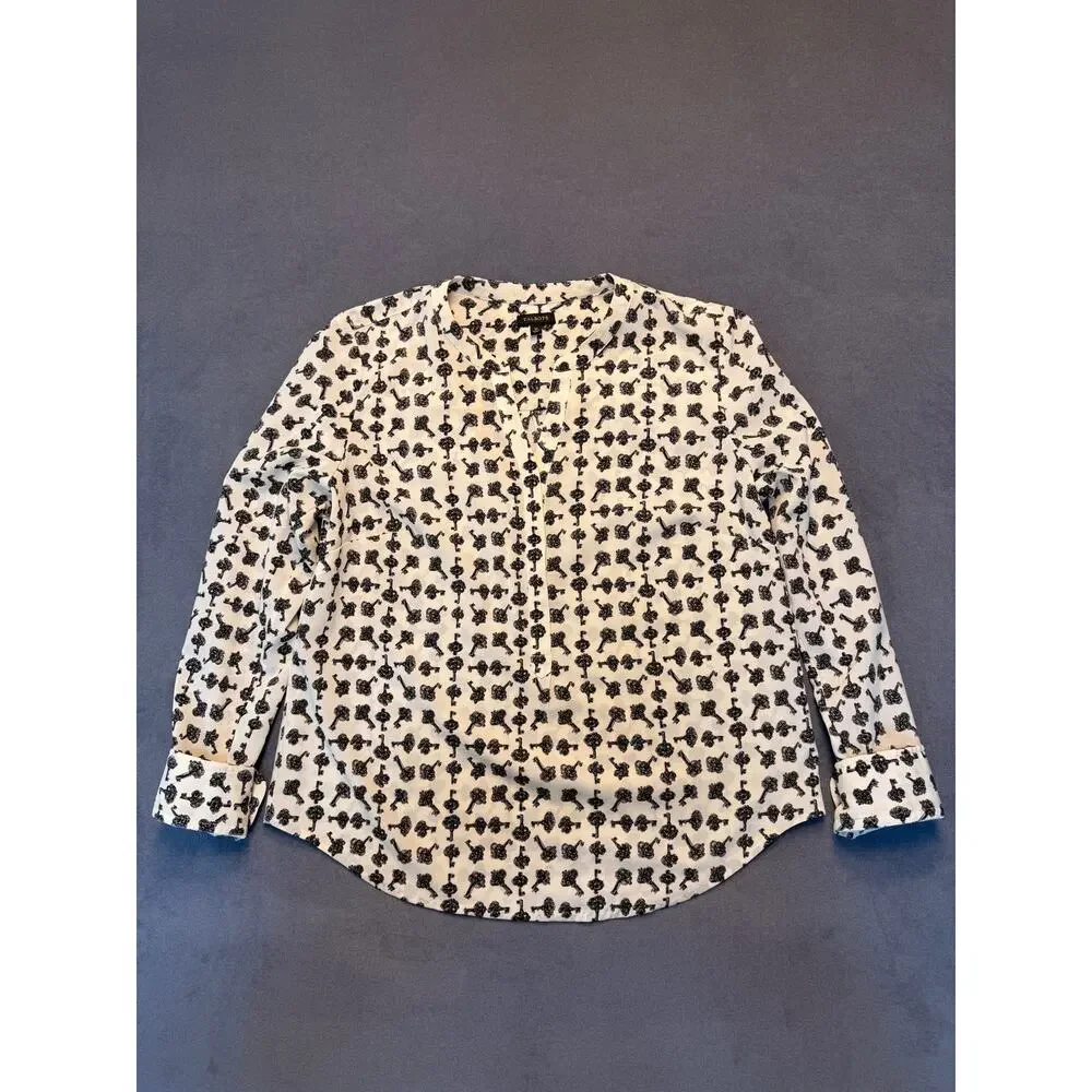 Talbots Cream "key" Print Tunic V-Neck Henley Womens Med Cream/Black Flowy - Picture 4 of 6